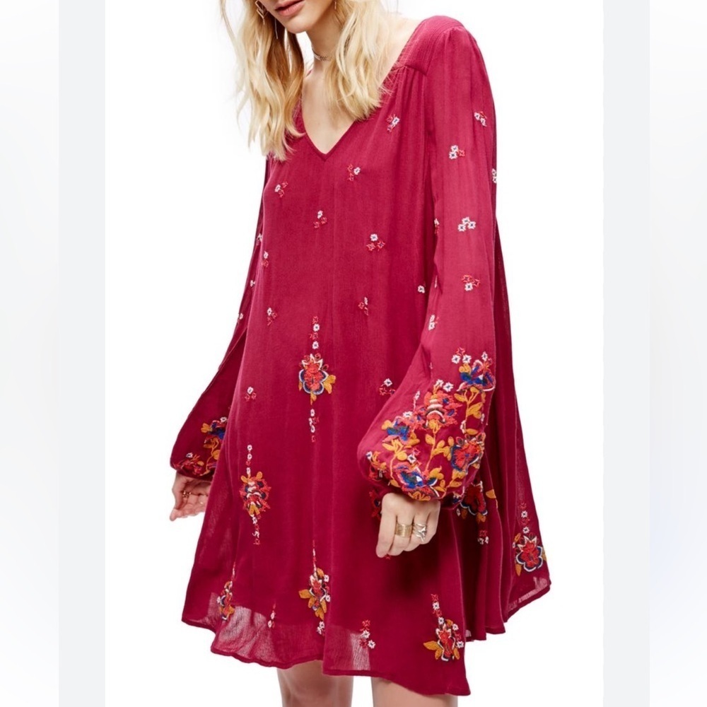 Free People Tunic Dress Boho Embroidered Lined Burgundy Oversized Pockets Sz M - Picture 1 of 15